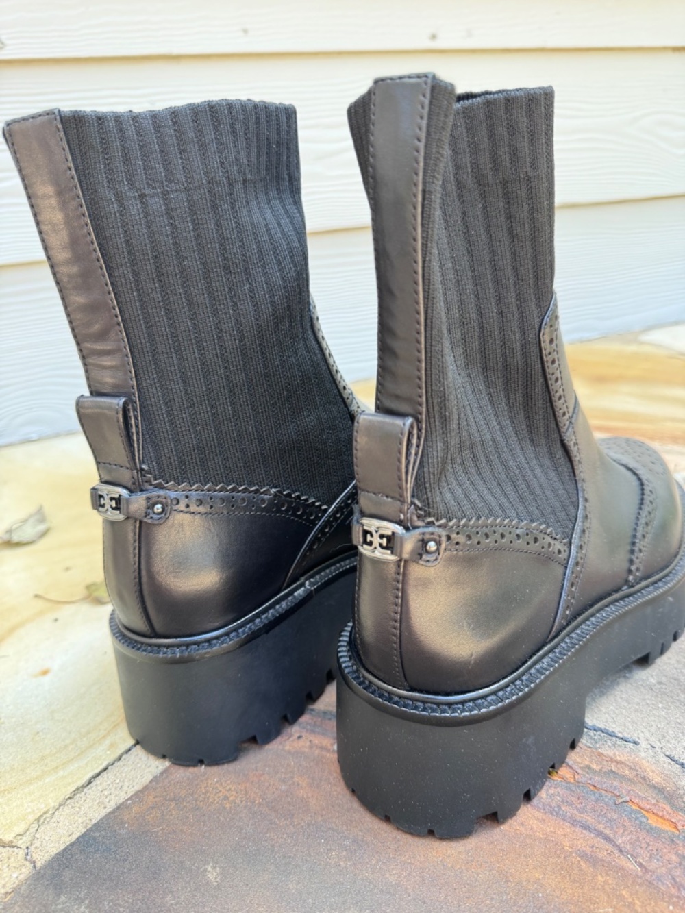 Sam Edelman Elly Black Leather Lug-Sole Sock Boots Size 8.5 - Picture 7 of 12